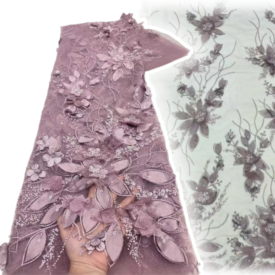 

3D Lace Beaded French Tulle Lace Fabric with Sequins Lace Fabric Nigerian for Dress African Net French Wedding Dress Women C1242