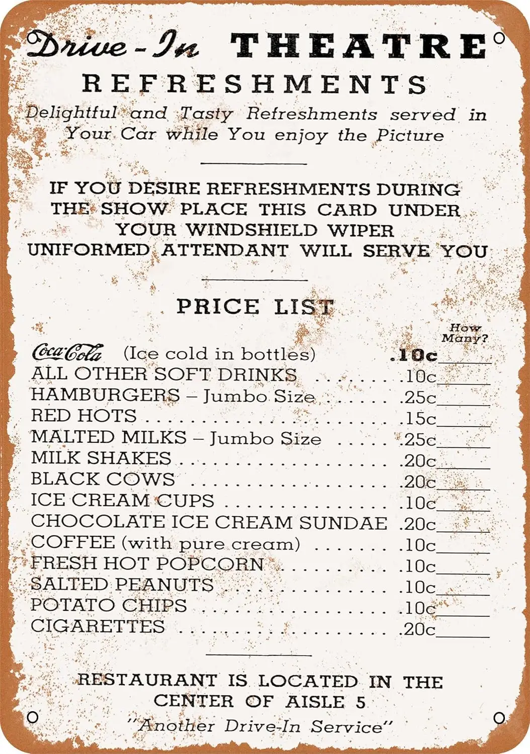 METAL SIGN - 1950 Drive In Theater Menu - Vintage Rusty Look-aluminum
