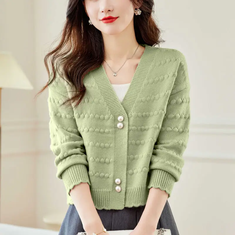 2024 New Woman\'s Clothing Sweater Cardigan Knitting V-neck All-match High Waist Casual Korean Fashion Jacket Pearl Niche Cropped