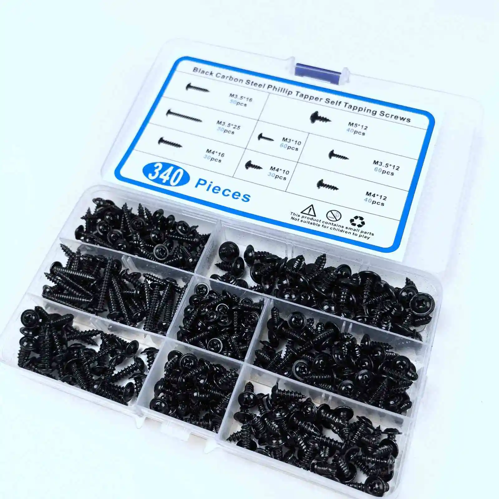 A Box Set 340Pcs Black Carbon Steel Pwa Cross Self Tapping Screw Round Head With Pad Screw