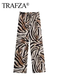 TRAFZA Women's New Fashion Retro Animal Print Long Trousers Female Chic Elegant Lace-Up Pocket Pleated High Street Casual Pants