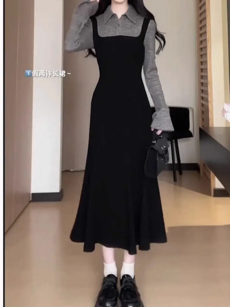 MiiiiX French Style Fake Two-piece Long Dress Women 2024 Autumn Patchwork Contrast Long-sleeved Design Slim Retro Knitted Dress