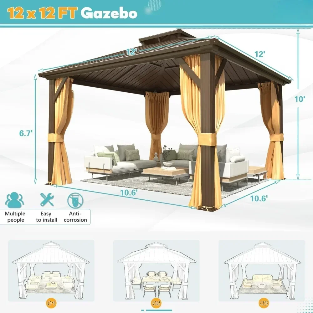 

Outdoors Tents,12' X 12' Hardtop Gazebo, Galvanized Steel Double Roof Gazebo for Patio, Lawn and Garden, Outdoors Gardens Tent