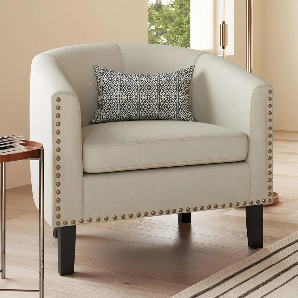 

Accent Barrel Chair, Modern Tub Club Chair Upholstered Armchair with Gold Nail Head Trim and Black Legs, Customized