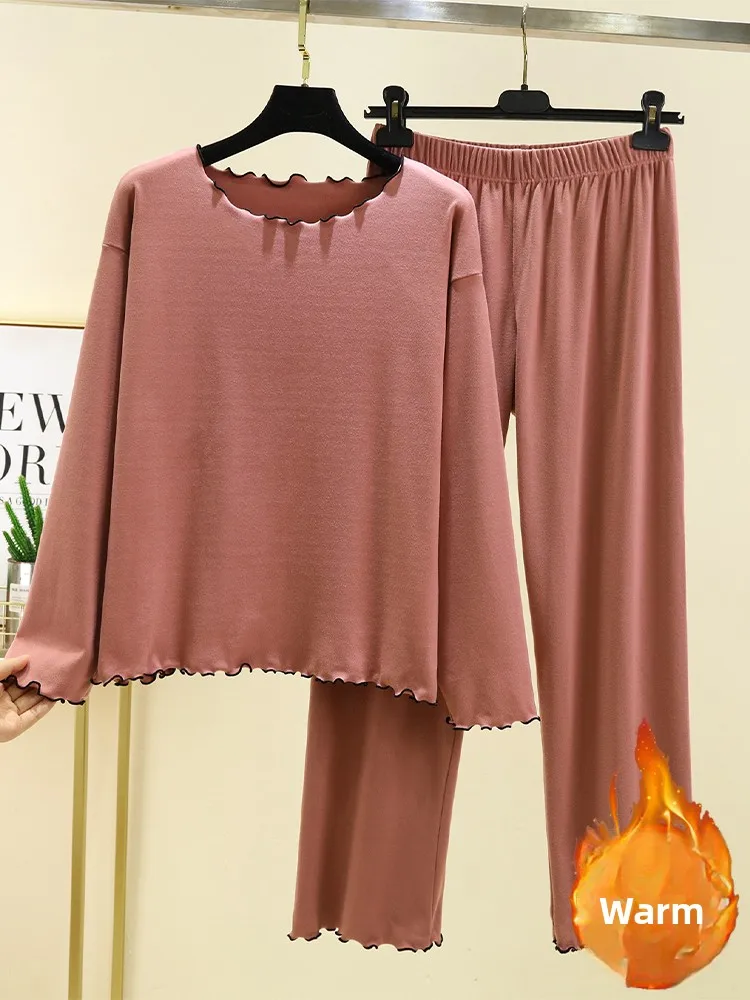 

Warm Thiened Winter Pajamas Set Women's Loose Fit Home Clothes Spwear Casual Sle Long Sve round Ne Two-Piece Suit