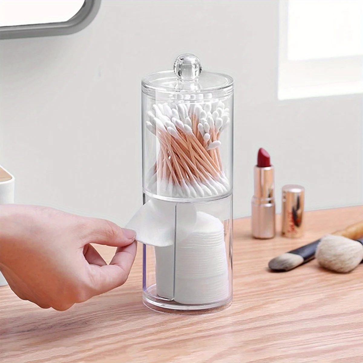 Organisateur de maquillage en acrylique transparent empilable 2 en 1, support pour tampons et bâtonnets avec couvercle, conteneur de rangement transparent pour salle de bain, 1 pièce
