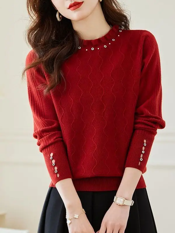 

Красная вязаная основа irt f Высокий воротник-ушанка Casual Sle Мягкая модальная ткань Женский свитер Long Sve для новогоднего праздника...