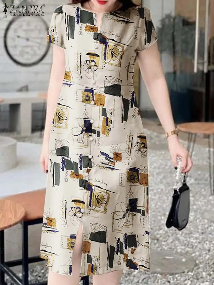 

ZANZEA Summer Holiday Floral Print Dress 2024 Women Vintage Casual Midi Dress Elegant Short Sleeve Slit Hem Vestidos Party Roes
