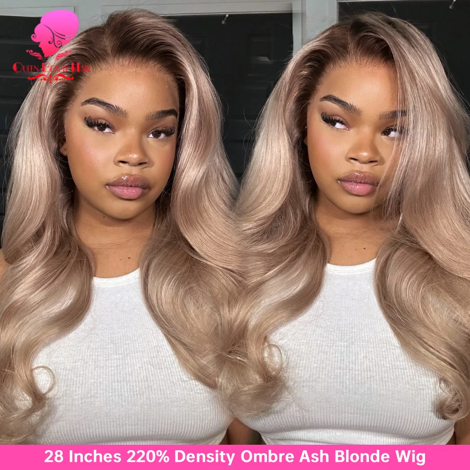 13x6 Ombre Aschblonde Echthaar-Perücke Brasilianische Body Wave Lace Front Echthaar-Perücke Wellige Dunkle Ansätze Aschblonde Lace Frontal Perücken – Detail 5