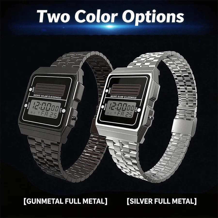 Retro Silver Metal Square Solar Watch Men | 30M Waterproof Electronic Wristwatch with Alarm, Chronograph, Date/Week Display view 6