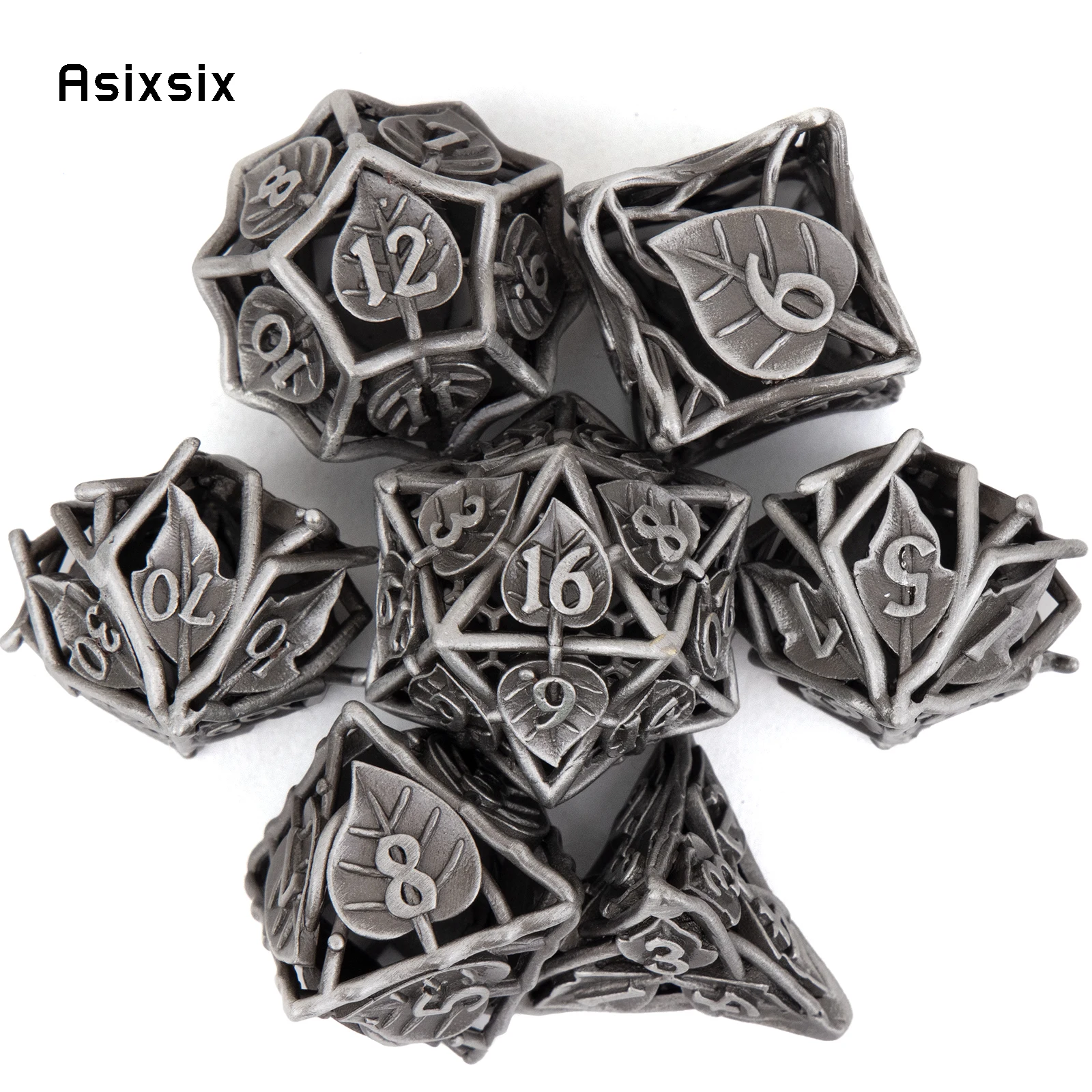 7 Pcs Silver Leaf Flower Metal Dice Hollow Metal Polyhedral Dice Set Suitable for Role-Playing RPG  Board Game Card Game