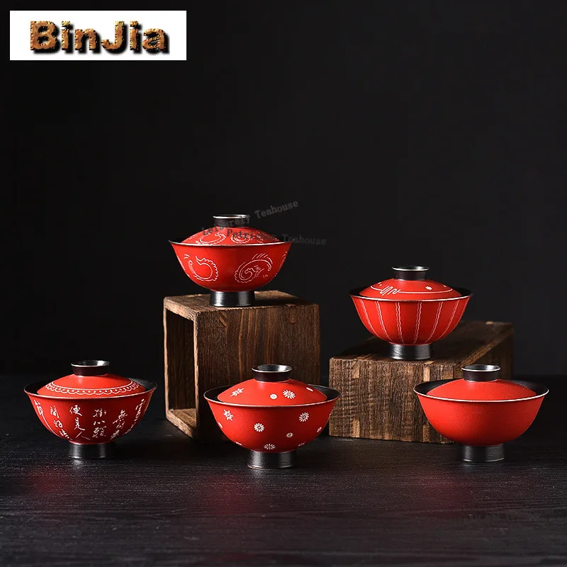 

140ml Red Glaze Powder Yin Gaiwan Boutique Tea Tureen Tea Bowl with Lid Kit Tea Brewing Cover Bowl Teaware Supplies Collection