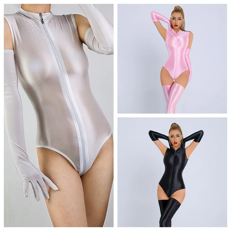 New Glossy Shiny Sleeveless Nylon Catsuit Two Way Zipper Crotch Bodysuit Elastic Tank Body Top Tights Teddies Sukumizu Swimsuit
