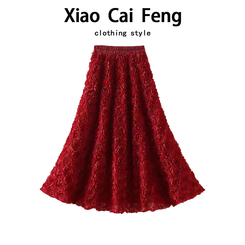 Elegant High Waist Mesh Half Skirt Women's Autumn Winter A-Line Puffy Skirt with 3D Rose Design Casual Style Inner Lined