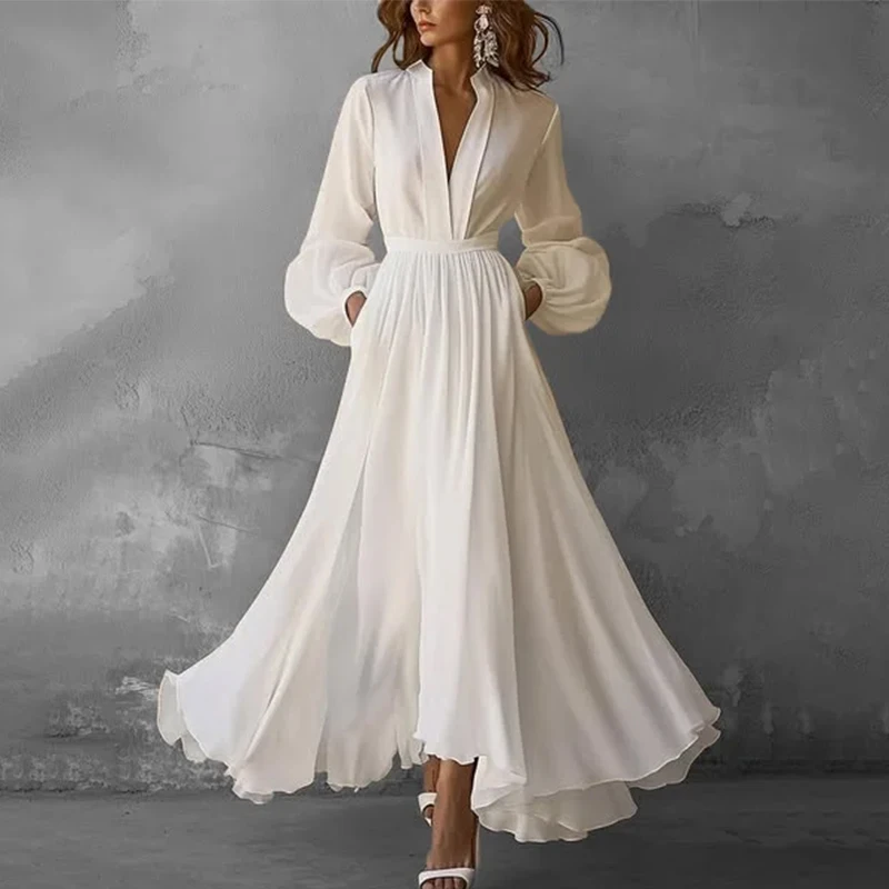 

Elegant Deep V Neck Lantern Sleeve Tunic Maxi Dress for Women High Waist Pleated Evening Party Dresses White Dress Vestidos