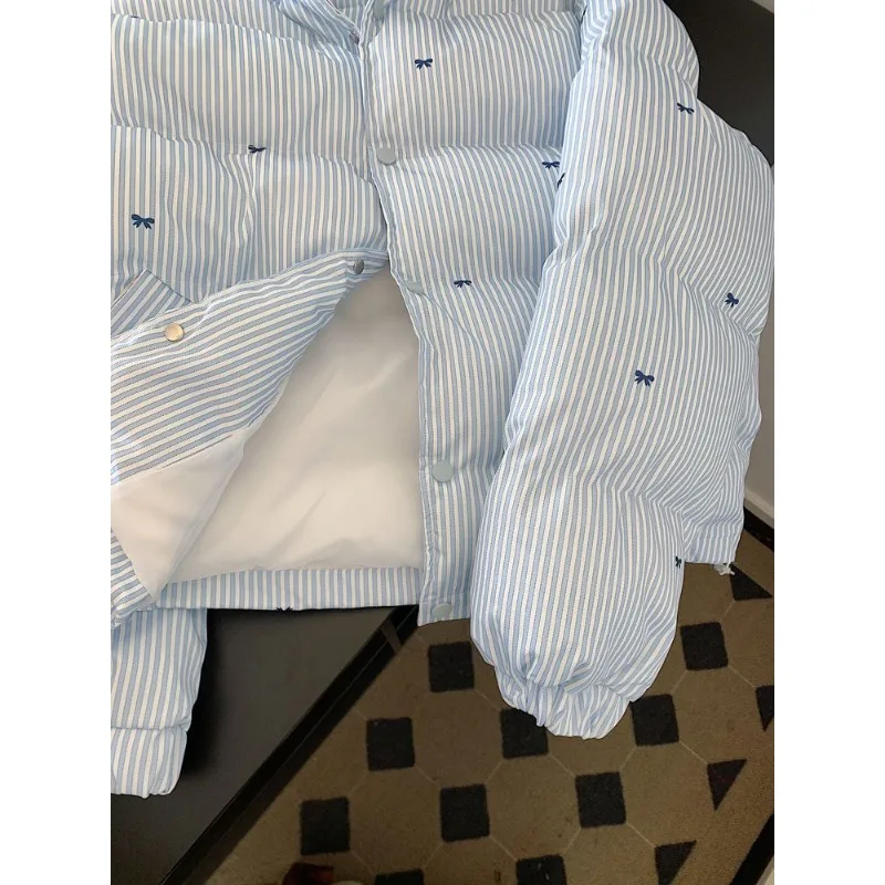 Women's Winter Tops Jacket Cotton Coat Striped Bow Thickened Warm Vintage Simple Comfortable Leisure Fashion New Niche Versatile