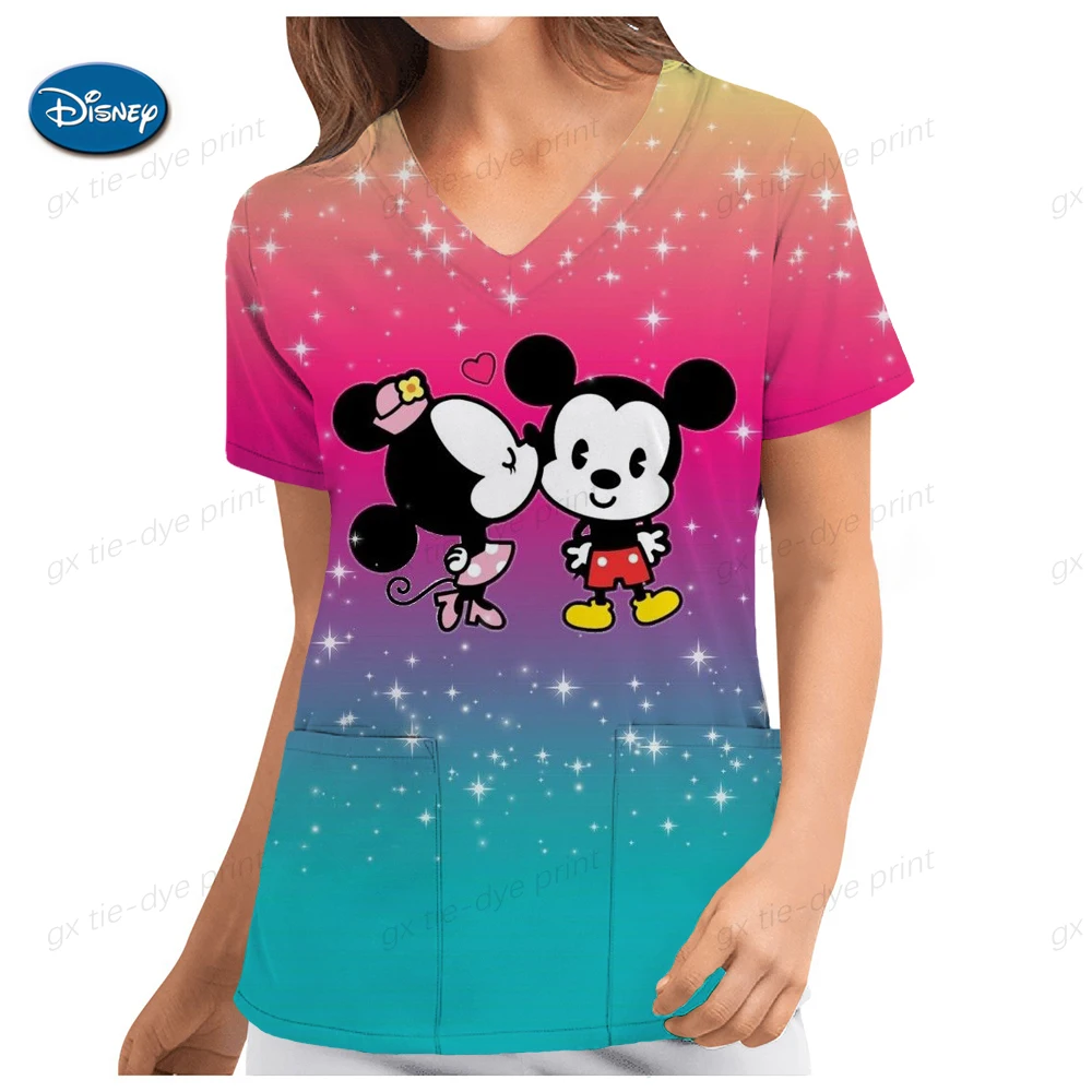 Disney Mickey Mouse print Nurse Working Blouse Medical Overalls Uniforms Healthcare Nurse Uniform Womens Short Sleeve V Neck