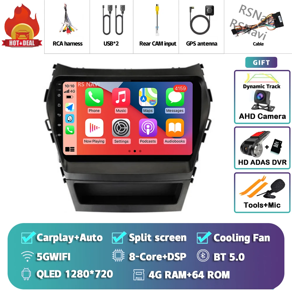 Android 15 Carplay Auto 2K Scherm Autoradio Multimedia Speler voor Hyundai Santa Fe 3 2013 - 2016 Autoradio GPS Stereo Head Unit