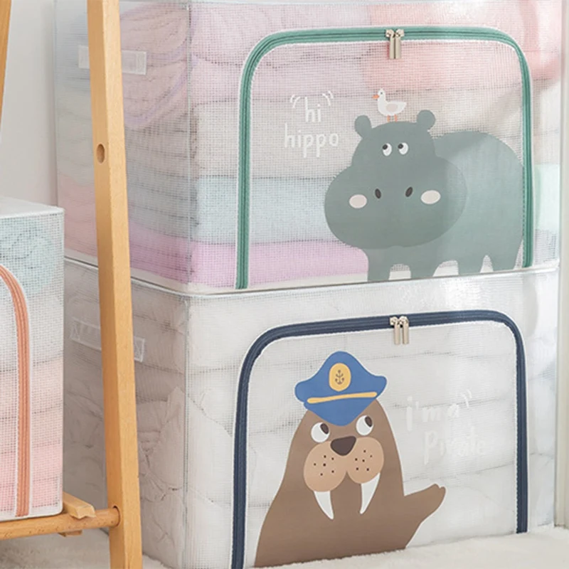 66L Clothes Storage Box Foldable Closet Organizer PVC Transparent Metal Frame Sorting Luggage Container