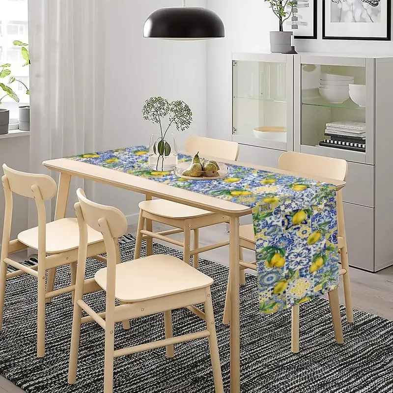 Summer Lemon Flowers Blue Tile Print Linen Table Runner Home Decor Mediterranean Style Kitchen Dining Table Runners Party Decor