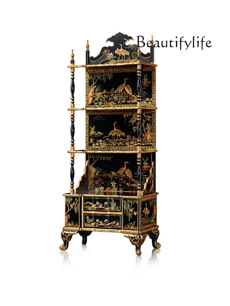 

American-Style Painted Display Cabinet High-End Luxury Bookshelf Hand-Painted Carved Decorative Cabinet Bamboo Cabinet