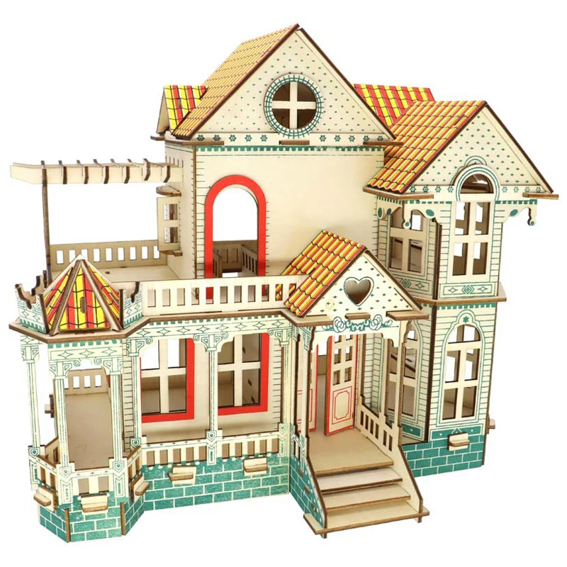 

Wooden 3D Puzzle House DIY Hawaii Villa Model Assembled Miniature Dollhouse Educational Pretend Play Toys For Children Girls