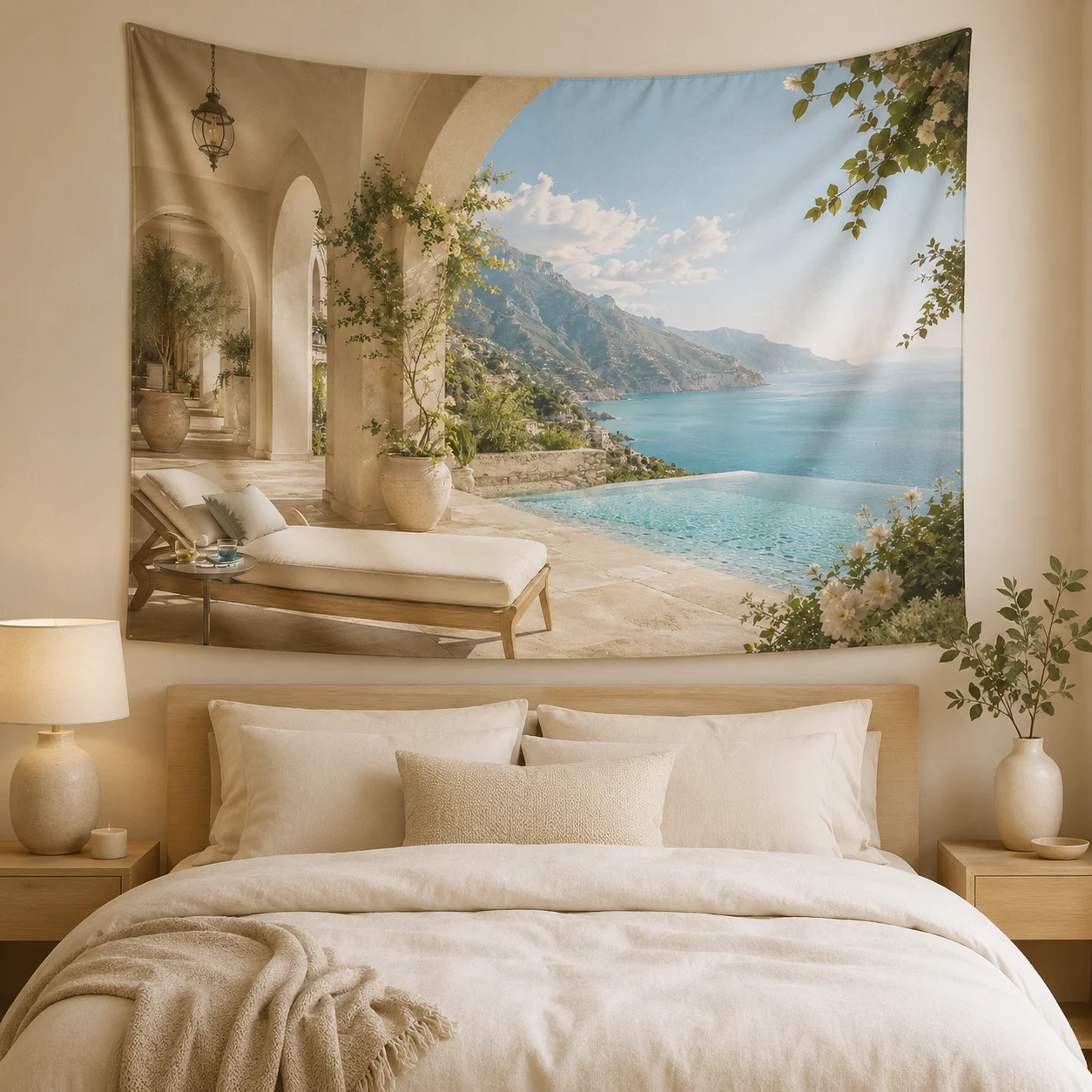 Mediterranean Villa Sea View Tapestry, Stone Arch Ocean Pool Landscape Wall Hanging