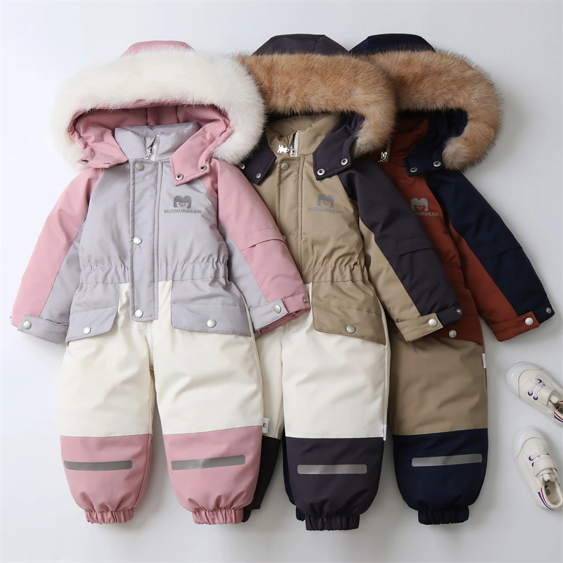 -30Degree Children Winter Coat Thicken Baby Jumpsuit Warm Kids Ski Suit Waterproof Boys Overalls Hooded Baby Girls Snowsuit 1-5Y