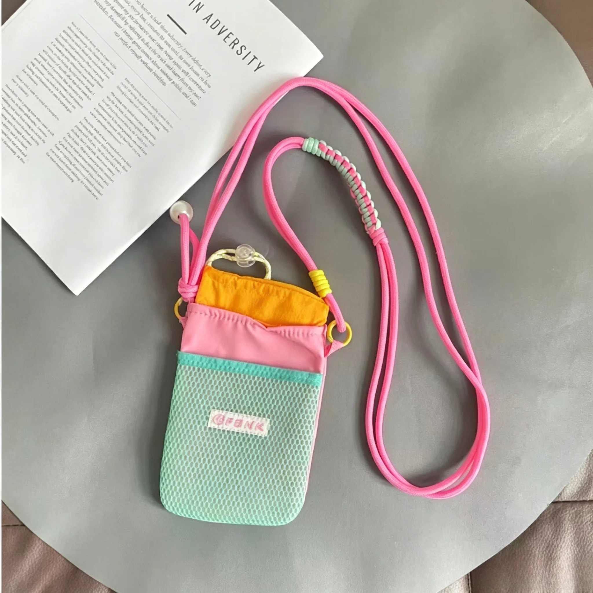 Dopamine Color Contrast Mesh Neck Wallet Adjustable Crossbody Rope Lanyard Phone Bag Earphone Coins Key Lip Organizer for Girls view 3