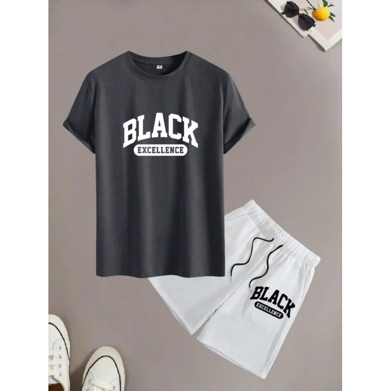 Men's Black Simplist English Text Casual Short Sleeve T-Shirt And Shorts Set