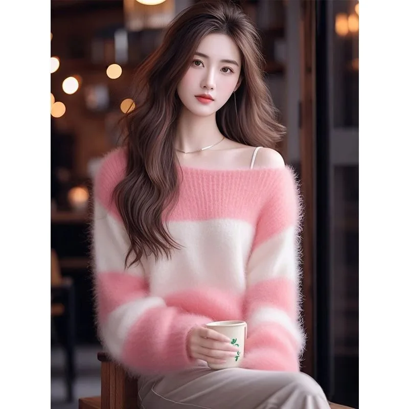 Fashion Striped Knitting Pullovers Women Autumn Winter Simplicity Office Lady Sweater Casual Trend All-match Loose Knitwear Tops