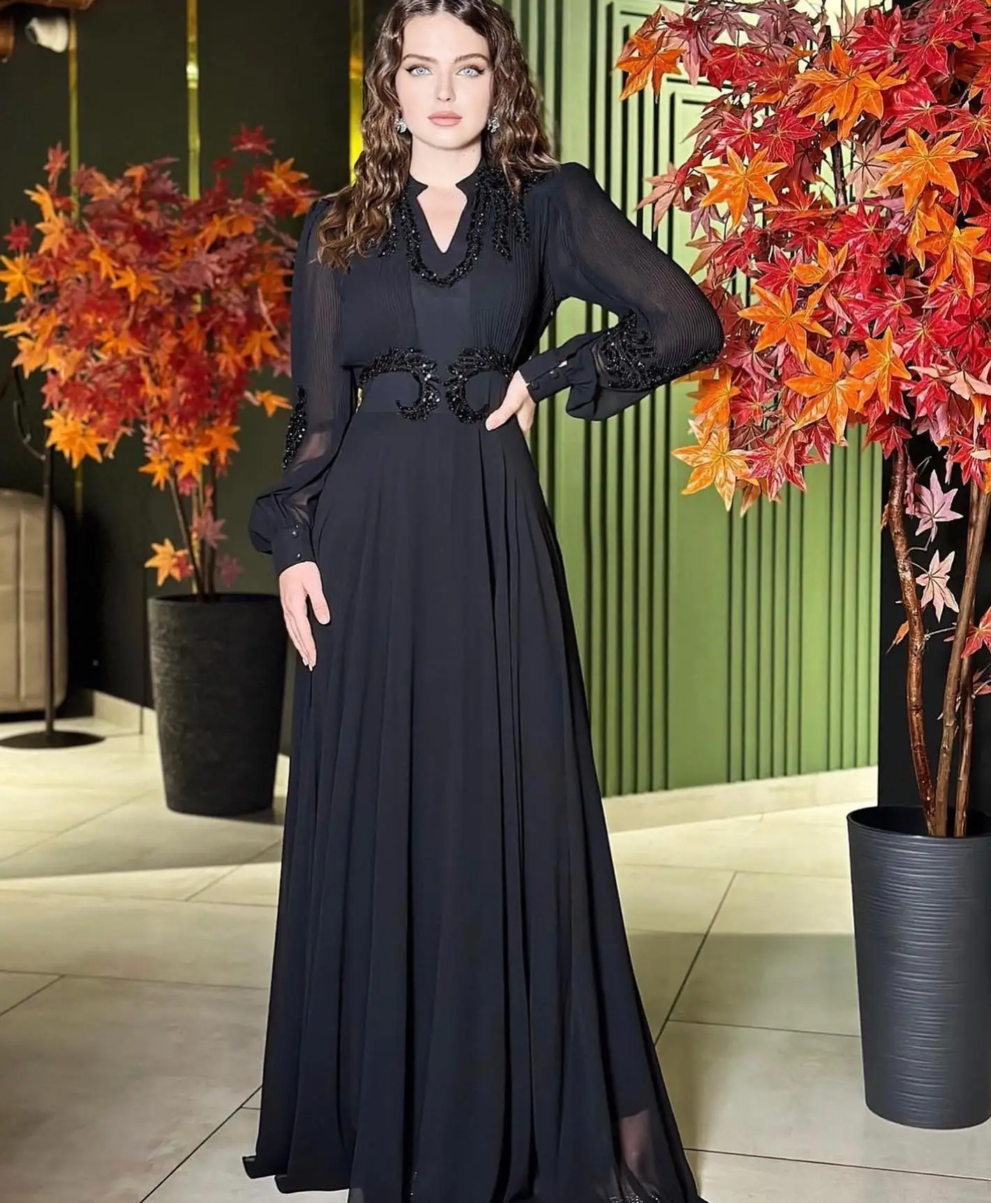 ROSELLA V Neck Evening Dresses Floor Length A-Line Lantern Sleeves Appliques Chiffon Prom Dress New 2024