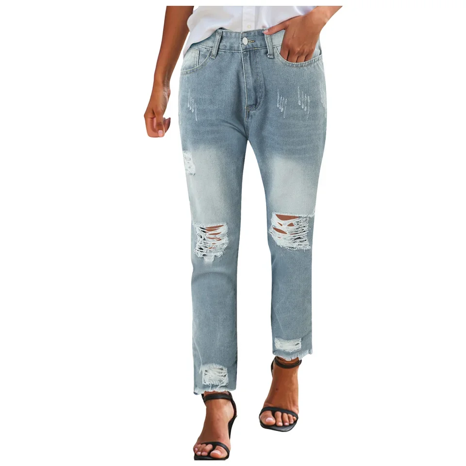 Trendy Straight Leg Ladies Long Pants Straight Leg Jeans For Women Mid Rise Comfy Fit Distressed Jeans Casual лонгслив женский