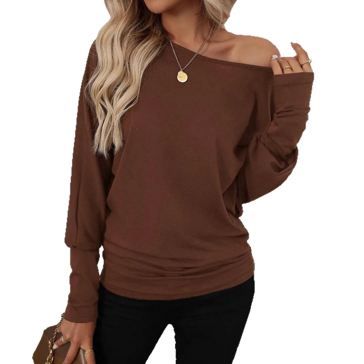 Women's Off-Shoulder Batwing Sleeve Casual Slim Fit Solid Color Wrinkle Free Regular Length Pullover Blouse T-shirt Style