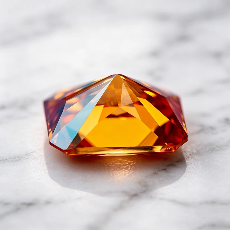 Moissanit-Stein im Radiant-Schliff, orange Farbe, im Labor gezüchteter Edelstein für DIY-Anhänger und Schmuckherstellung, besteht den Diamanttester mit Zertifikat. – Detail 2