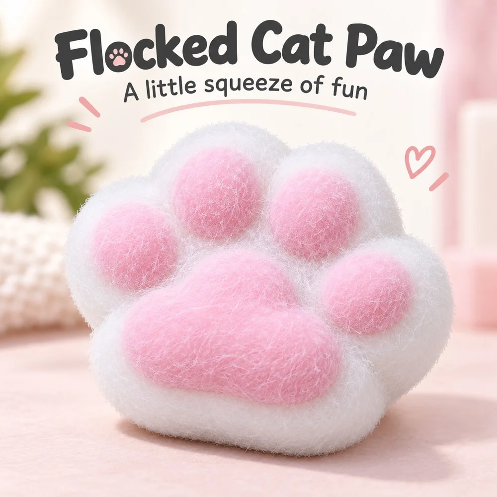 Cat Paw Squishy Squeeze Toy White Pink Flocked TPR Fidget with Soft Fuzzy Texture Cute Desk Companion Gift for Adults 1 Piece