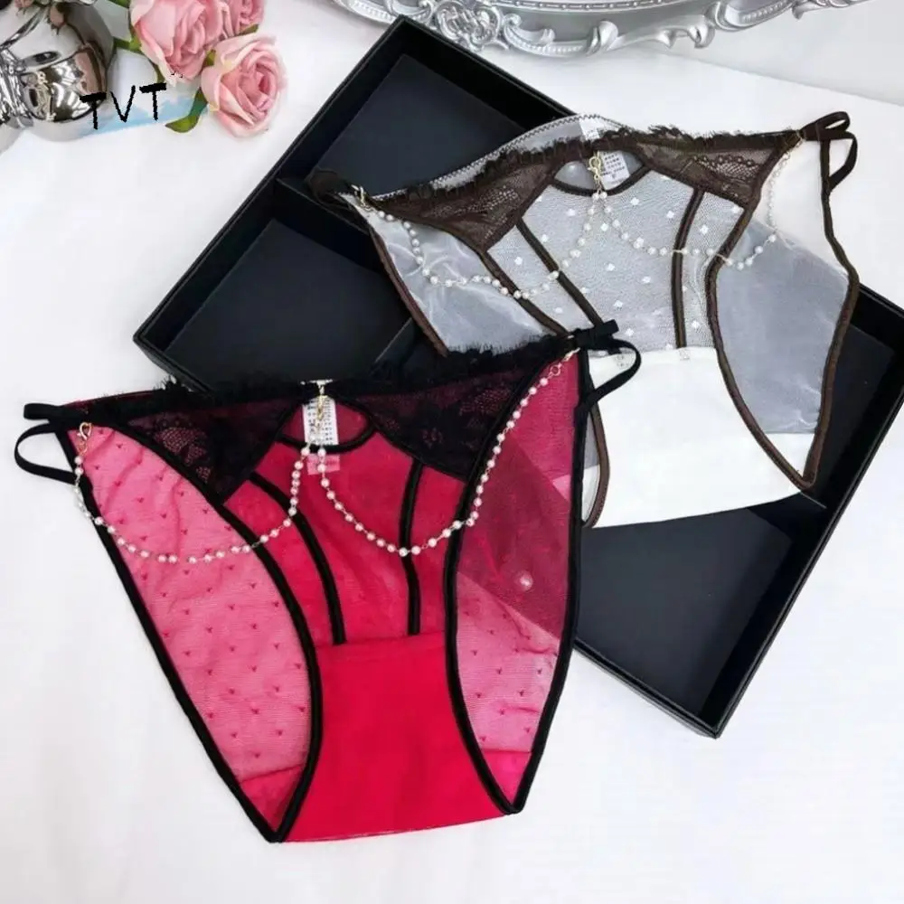 

French Style Lace Panties Thin Mesh Imitation Pearl Chains Briefs Transparent Low Waist Underwear for Women Spicy Girls