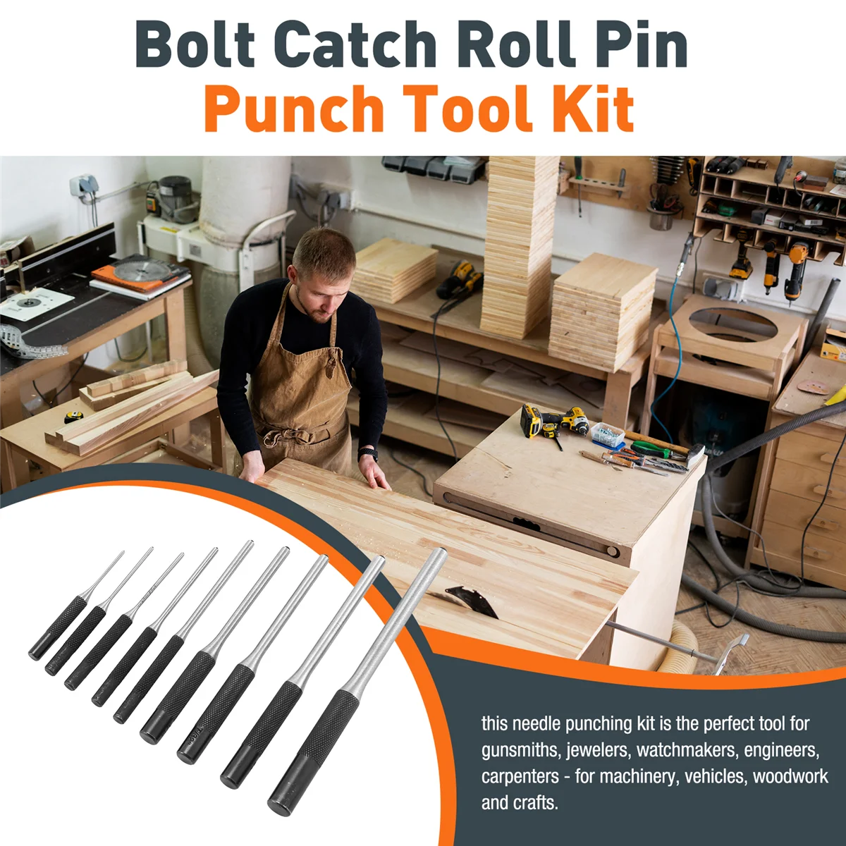 AB02 9-delige Set-Up Punch Ronde Punch Stukken Roll Pin Punch Set Tool Bolt Catch Roll Pin Punch Tool Kit