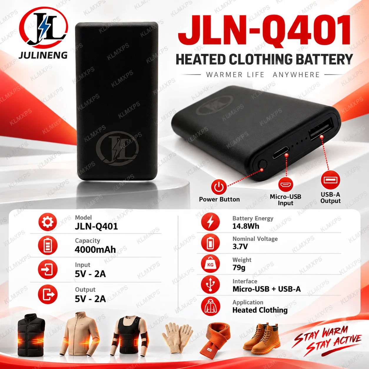 JLN-Q401 5V2A 4000mAh Lithium Battery for Winter Outdoor Work Camping Heated Clothing Backup Power Wholesale