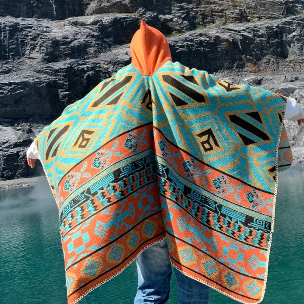 Men Shawl Totem Geometric Imitation Cashmere Acrylic Hooded Scarf Fashion Travel Vacation Elegant Casual Cloak Scarf Unisex 2024