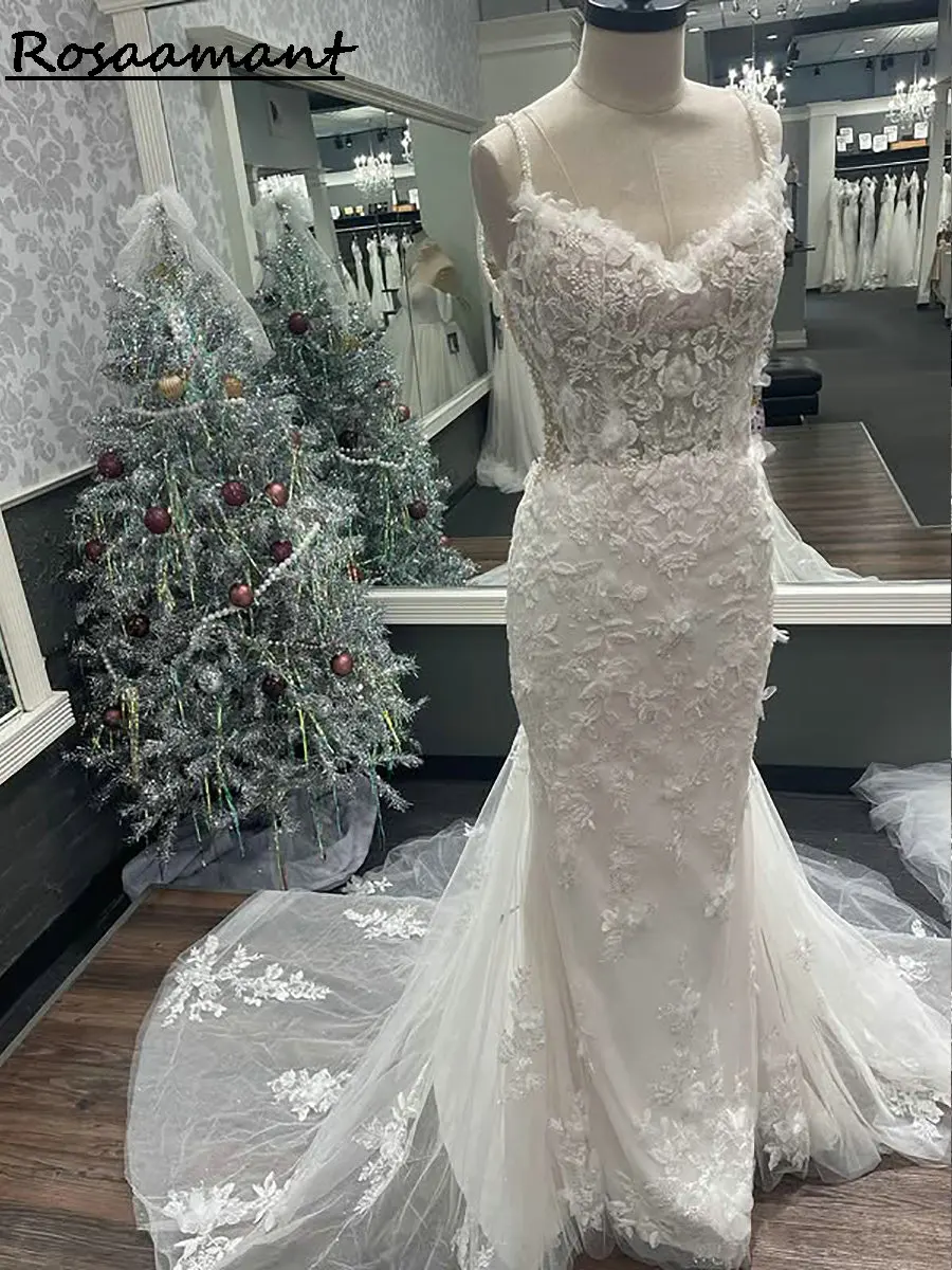 

Gorgeous Illusion Spaghetti Straps Mermaid Wedding Dresses Open Back Beading Pearls Appliques Lace Country Bridal Gowns