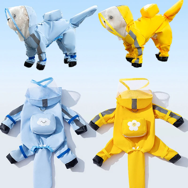 Impermeabile per cuccioli con cappello Teddy Quattro gambe Vestiti impermeabili Pomerania Animale domestico Giorno di pioggia Cane che cammina Magia anti-sporco