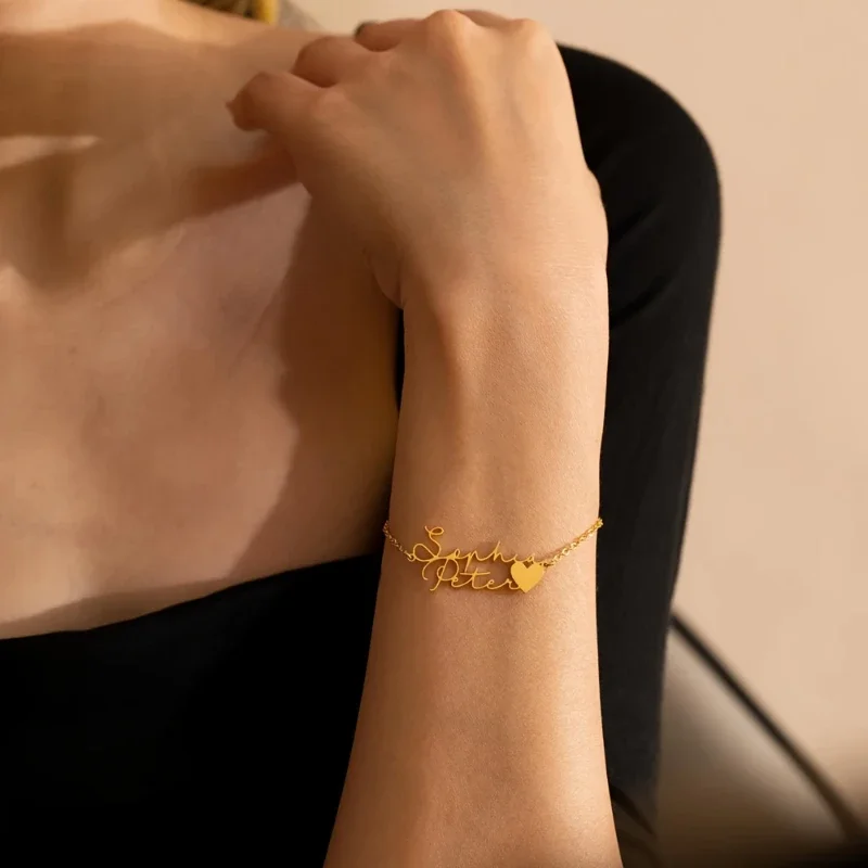 

Custom Double Name Bracelet For Women Gold Color Stainless Steel Letter Heart Bracelet Couple Jewelry Wedding Gift