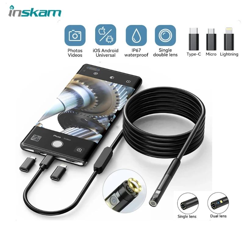 W300 Mini Endoscope Camera 1080P Single&Dual 8MM Lens Hard Cable Waterproof Car Sewer Inspection Borescope For IOS Android