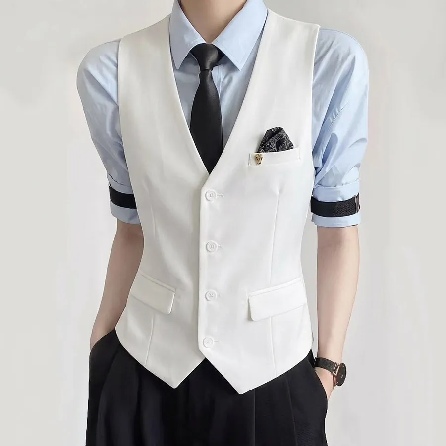 Men Slim Business Casual Suit Vest Single Breasted Disco Waiter Nightclub Sleeveless Vests Social Party Server Uniform Waistcoat