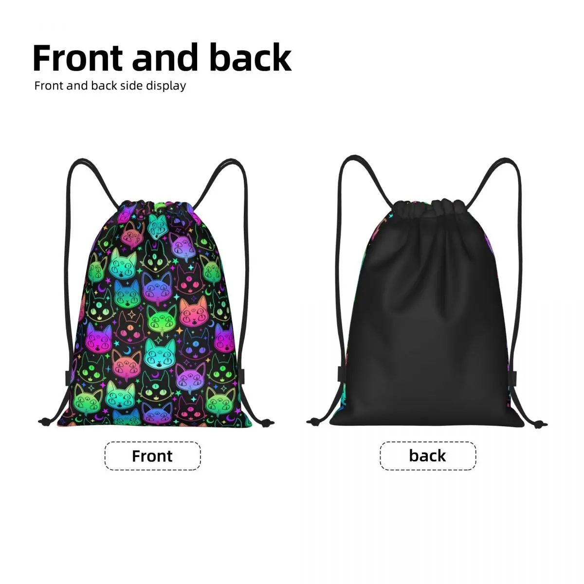 Custom Halloween Colorful Witch Magic Witchcraft Cat Drawstring Bag Men Portable Sports Gym Sackpack Shopping Storage Backpacks