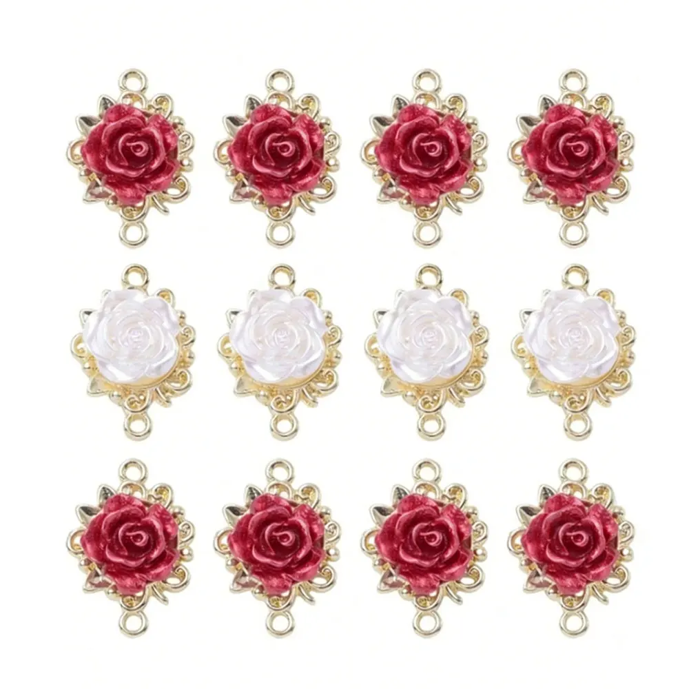 10Pcs Gold Color Red Rose Flower Charm Pendant Connector for Jewelry Making Bracelet DIY Findings Accessories Craft