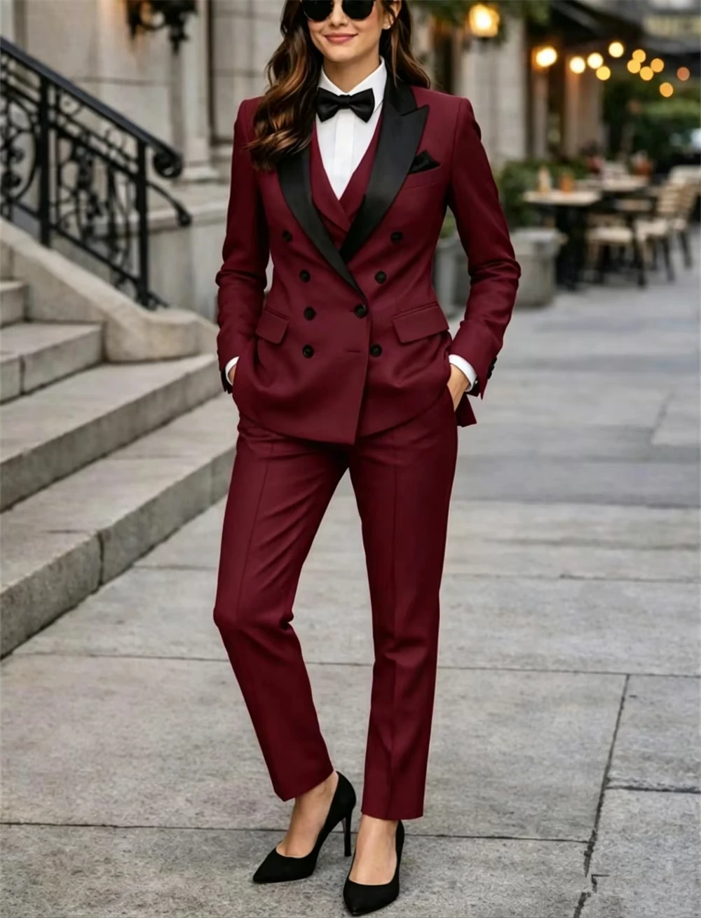 ダブルブレスト赤女性のスーツ 3 ピースオーダーメイドペイン - Women Formal Wear Tailor のレビューと価格