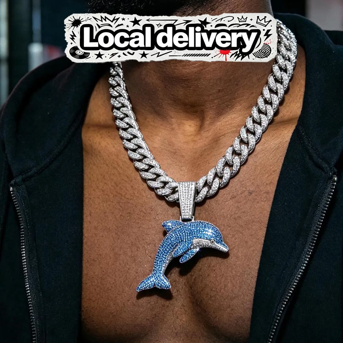 Hip Hop 3D Dolphin Pendant 18K Gold Plated Bling Animal Charm Necklace Statement Fully Micro‑Paved Sparkling Blue 18K Gold Plated Fine Jewelry Perfect Party Club Daily Wear Hipster Rapper Gift Unique Ocean Theme Ornament For Men Women Streetwear Accessory