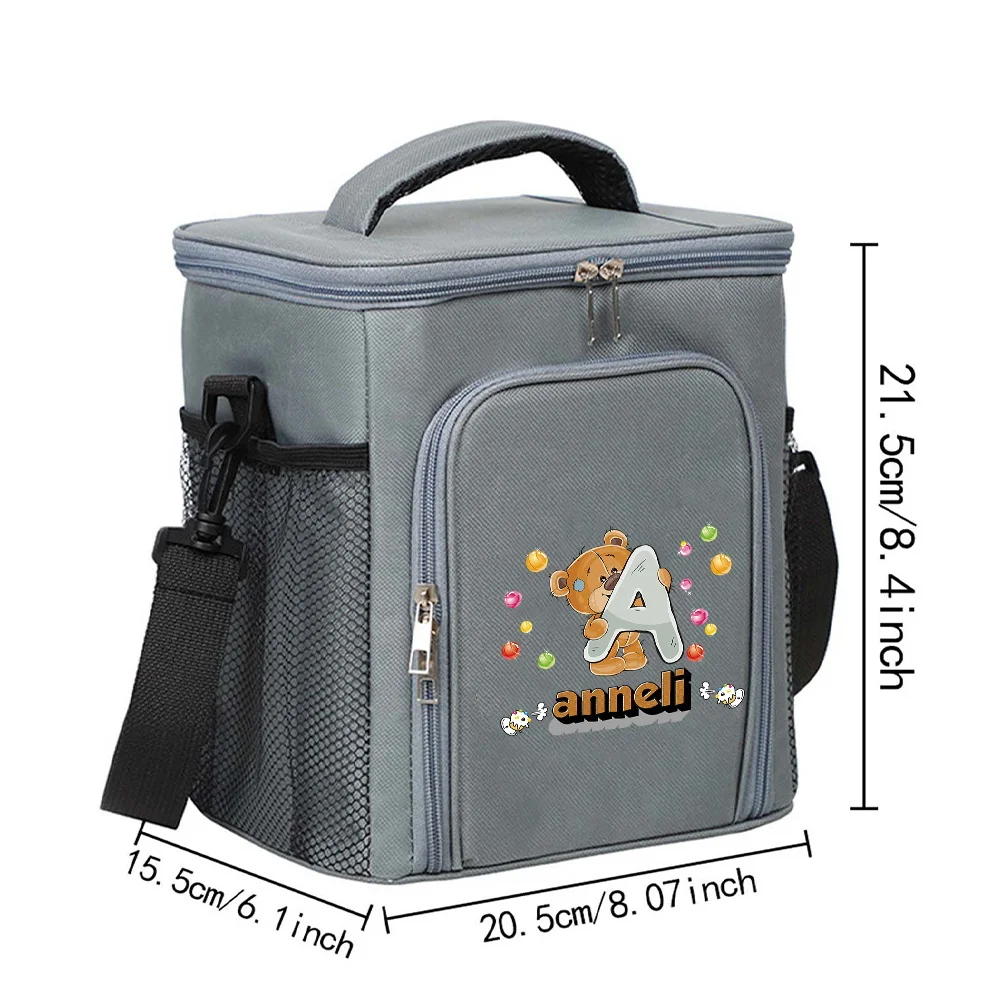 Customized Name Insulated Grey Lunch Box Bag Fashionable Single Shoulder Storage Bag Large Capacity Waterproof Storage Box